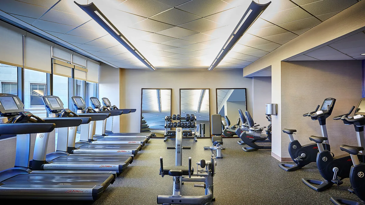 Fitness center treadmills, bikes and weights
